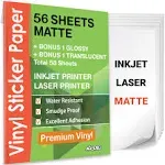 Premium Printable Vinyl Sticker Paper for Inkjet &amp; Laser Printer - 56 Sheets ...