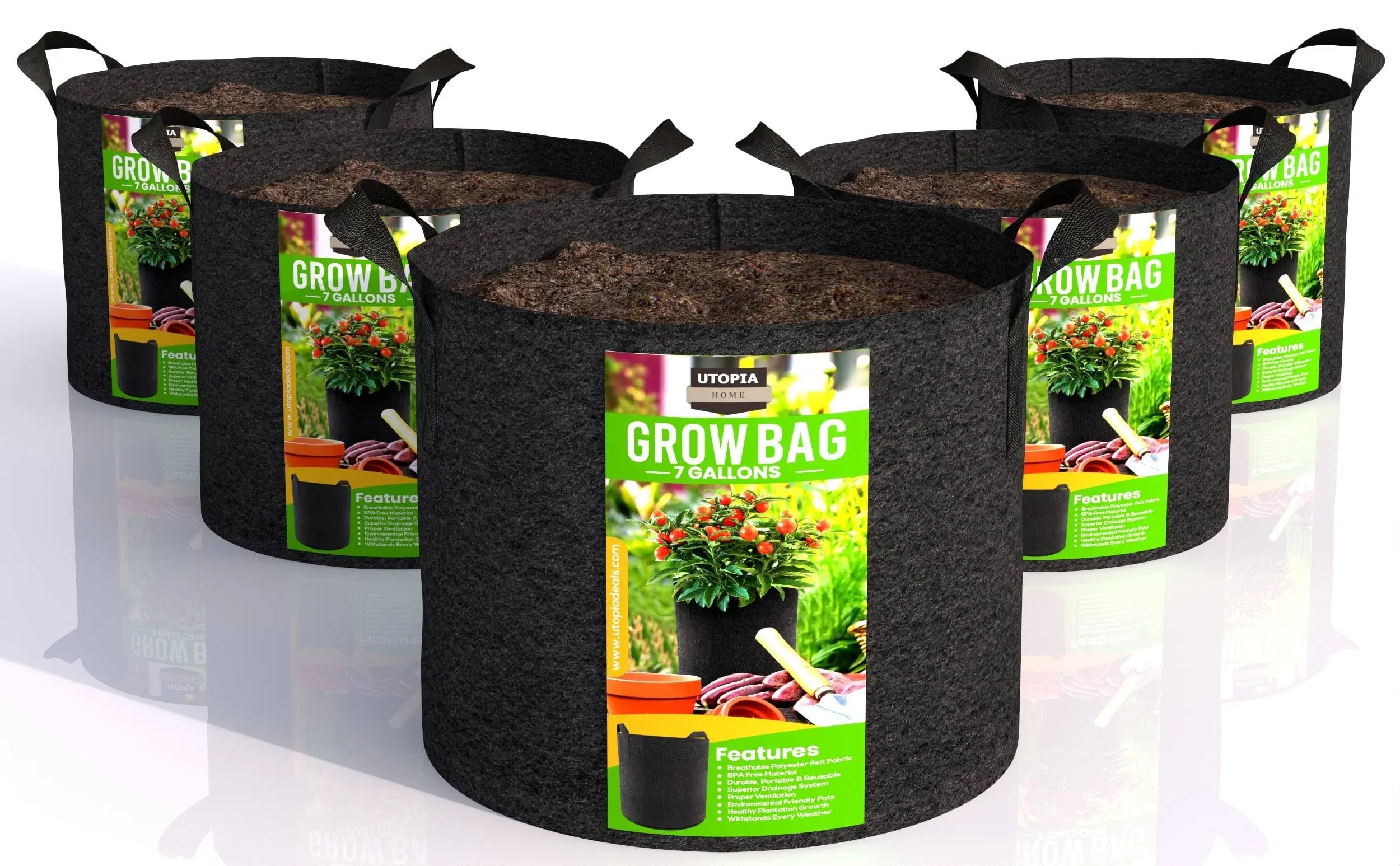 Utopia Home 5 Pack 7 Gallon Grow Bags, Thickened Nonwoven Plant Fabric Pots with Handles, Grow Pots, Plant Bags, Aeration Planti