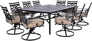 Hanover Montclair 11-Piece Patio Dining Set with 10 Swivel Rocker Chairs, Accent Lumbar Pillows and 84"x60" Steel Stamped Rectangular Table, Large Outdoor Patio Dining Set for 10, Tan