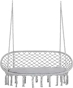 Outsunny 2-Person Hammock Chair Macrame Swing with Soft Cushion, Hanging Cotton Rope Chair for Indoor Outdoor Home Patio Backyard, Light Gray