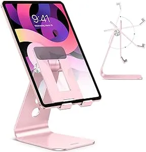 OMOTON Adjustable Tablet Stand for Desk, Upgraded Longer Arms for Greater Stability, T2 Tablet Holder with Hollow Design for Bigger Sized Phones and Tablets Such as iPad Pro/Air/Mini, Rose Gold