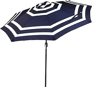 Sunnydaze Decor 9-Foot Patio Umbrella with Push Button Tilt & Crank - Navy Blue Stripe