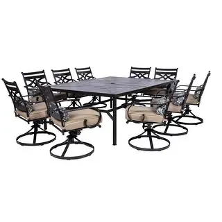 Hanover Montclair 11-Piece Dining Set in Tan with 10 Swivel Rockers and A 60-in. x 84-in. Table