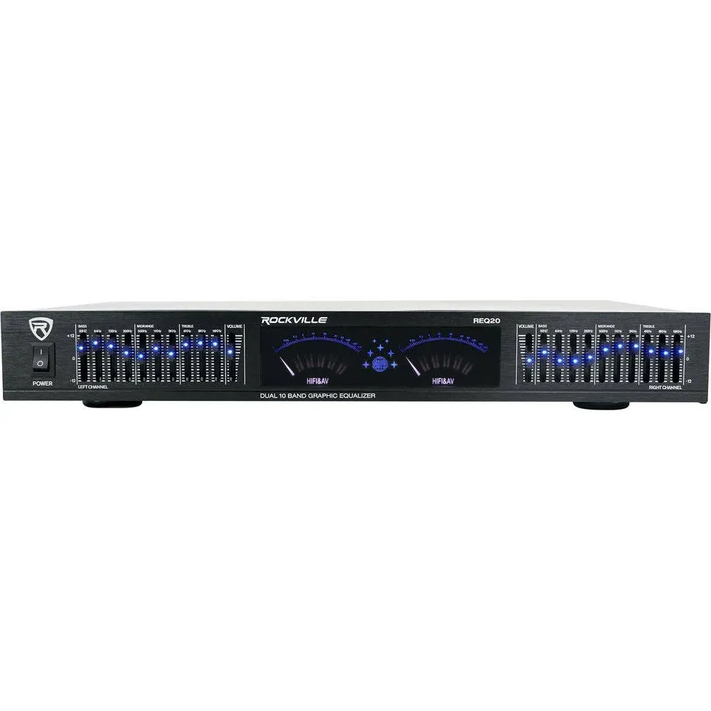 Rockville Req20 19" Rack Mount Pro Dual 10 Band Graphic Equalizer EQ w/VU Meters