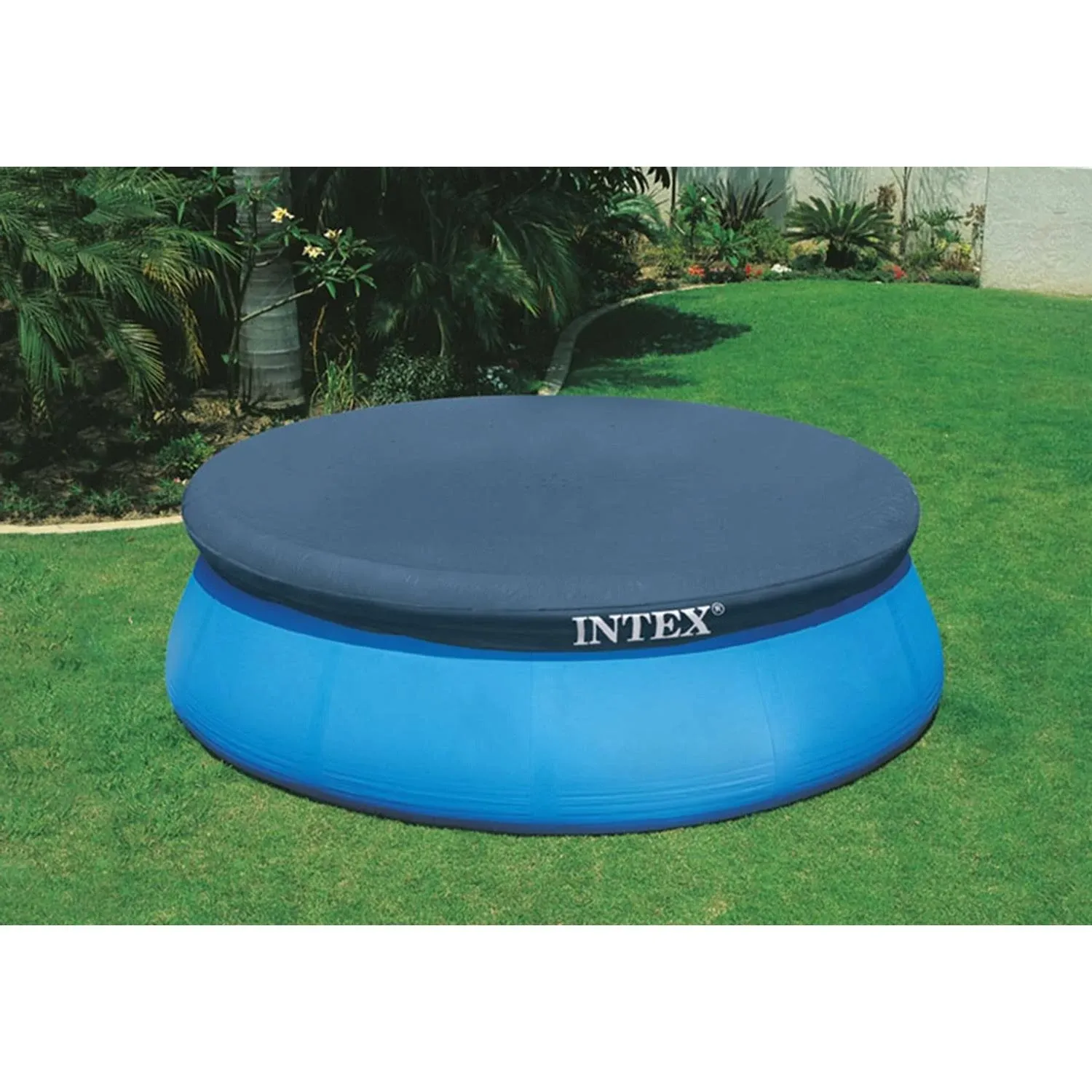 INTEX 28022E Pool Cover: For 12ft Round Easy Set Pools – Includes Rope Tie – Drain Holes – 12in Overhang – Snug Fit