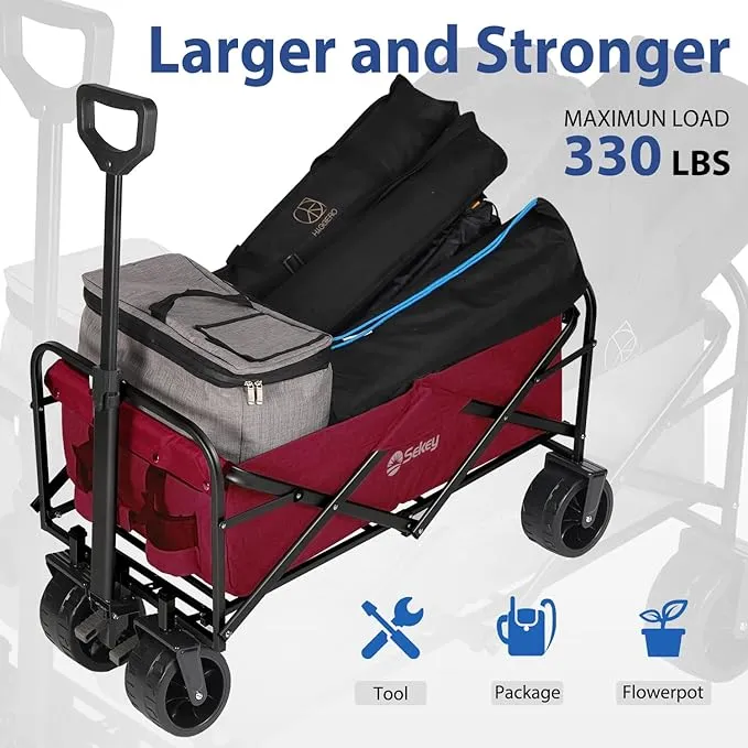 Sekey Heavy Duty Foldable Wagon with 330lbs Weight Capacity, Collapsible Folding Utility Garden Cart Big All-Terrain Beach Wheels & Drink Holders.Red