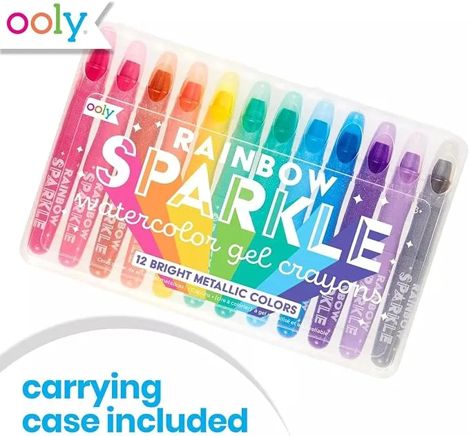 OOLY Rainbow Sparkle Gel Crayons for Kids and Adults - Set of 12 Watercolor Glitter Markers for Glass and Paper Surfaces with Clear Plastic Crayon Case - Easy To Clean Bright Metallic Color Crayons