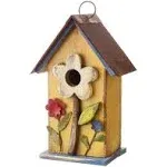 Glitzhome Distressed Solid Wood Birdhouse with Flower - Yellow