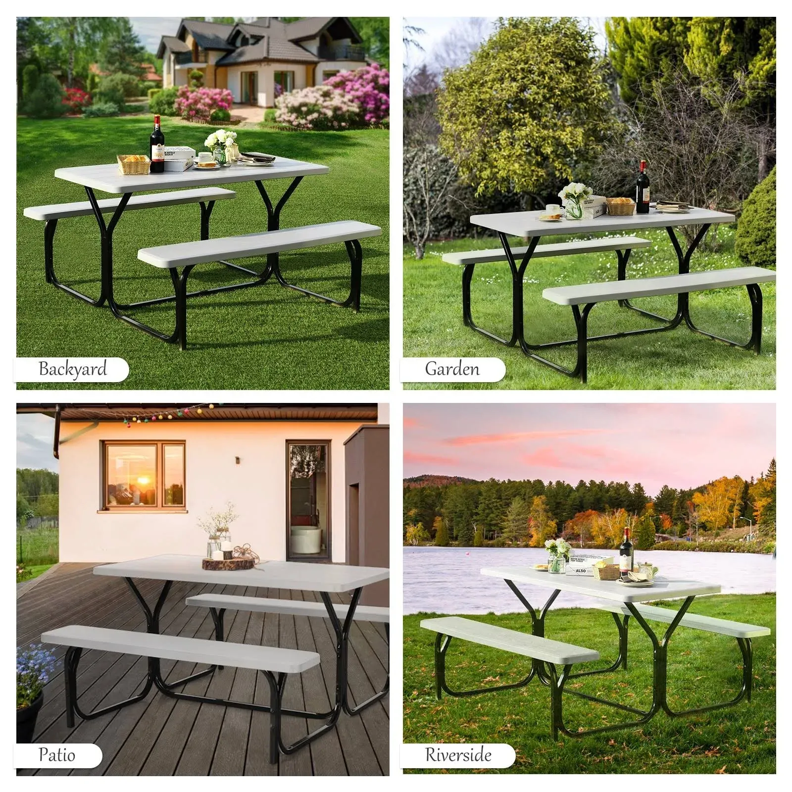 Costway Picnic Table Bench Set Outdoor Backyard Patio Garden Party Dining All Weather - White