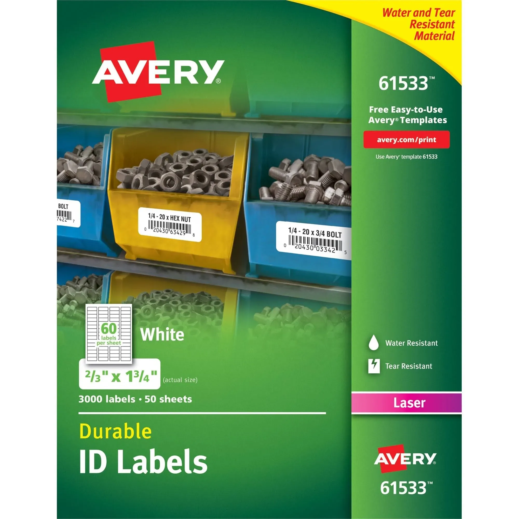 Avery Durable White Cover Up ID Labels for Laser Printers, 0.67 x 1.75, Pack of 3000 (61533)