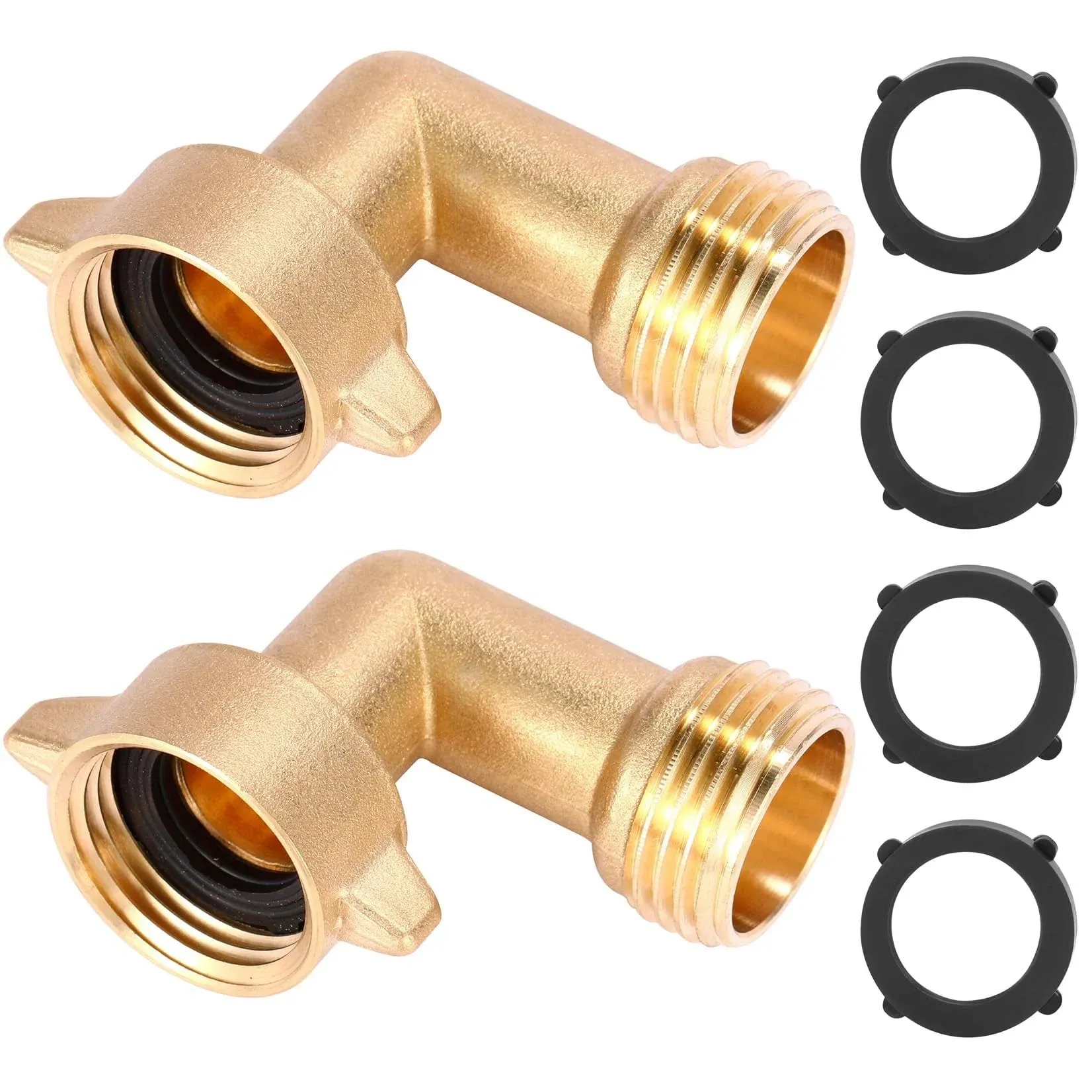 2 Pack Garden Hose Elbow Connector 90 Degree Brass Hose Elbow, 3/4" Heavy Duty Hose Adapter with 4 O-rings Brass Garden Hose Elbow Solid Brass Adapter