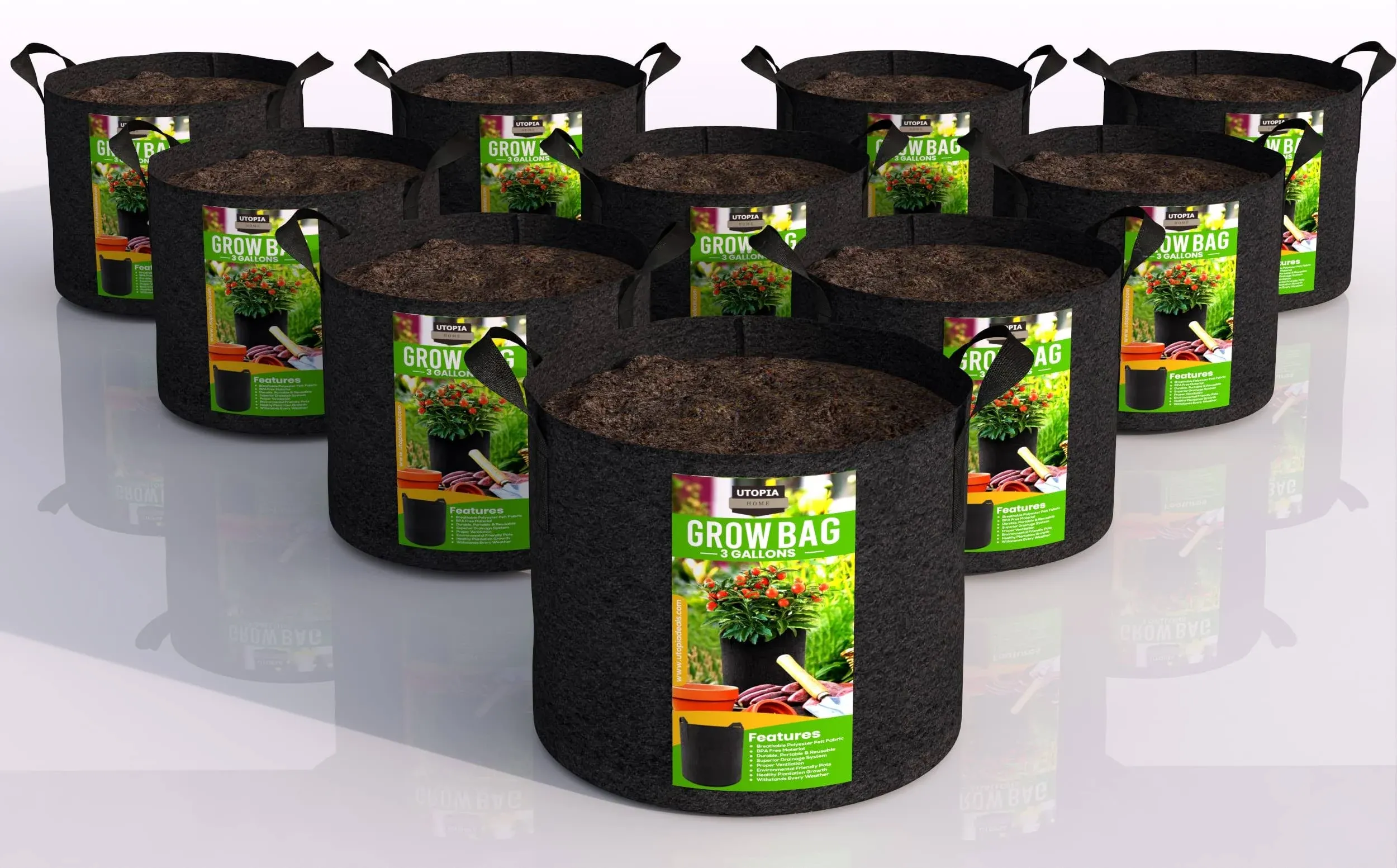 Utopia Home 10-Pack 3 Gallon Fabric Grow Bags, Heavy Duty Thickened Fabric Planters Pots, Aeration Fabric Pots with Handles, Non