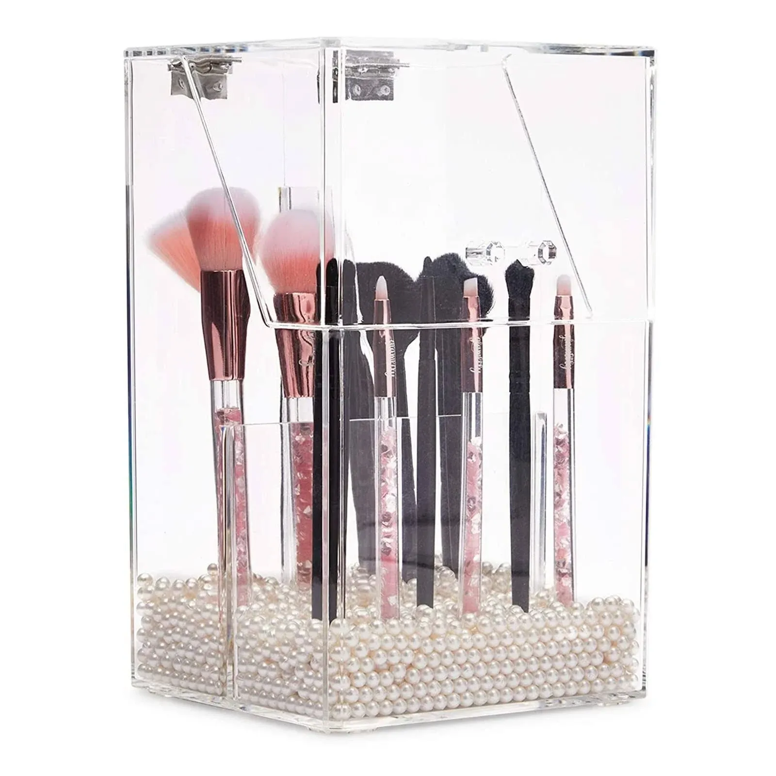 Acrylic Makeup Brush Holder with Lid and Beads Cosmetic Storage Organizer (6 x 