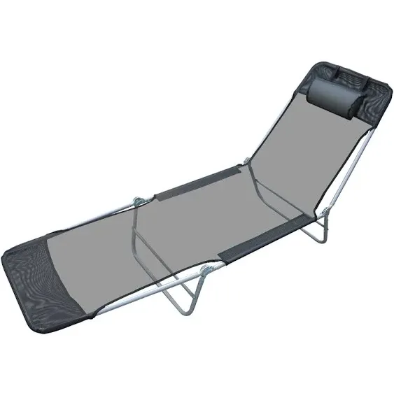 Outsunny Folding Chaise Lounge Pool Chairs, Outdoor Sun Tanning Chairs with Pillow, Reclining Back, Steel Frame & Breathable Mesh for Beach, Yard, Patio, Black