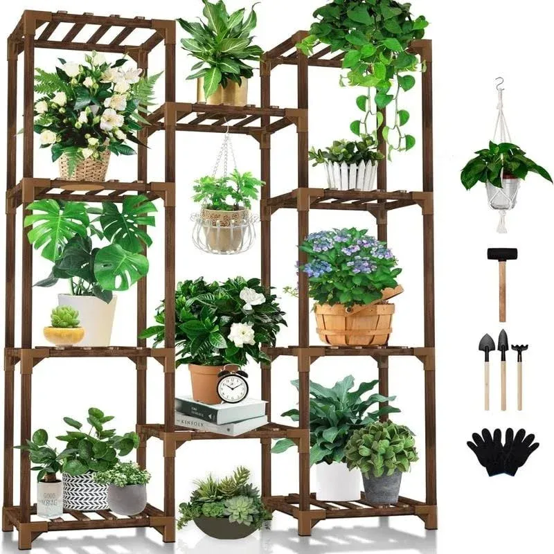 Uneedem Plant Stand Indoor Outdoor, Tall Plant Shelf for Multiple Plants, 10 tiers 11 Pot Large Plant Rack Wood Plant Holder Plant Shelves for Room Corner Balcony Garden Patio