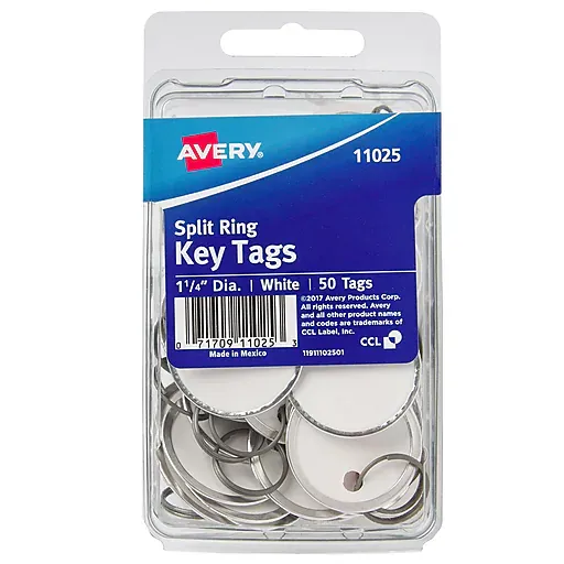 Avery Split Ring Metal Rim Paper Key Tags, 1-1/4" Diameter, White, 50/Pack (11025) | Staples