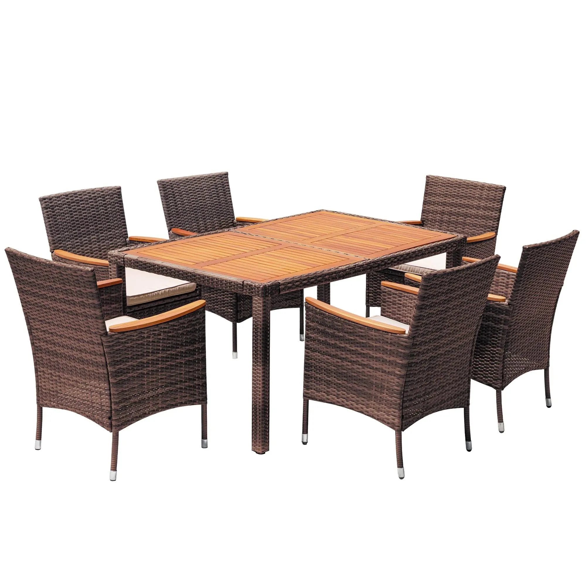 Devoko 5 PCS Furniture, Patio Conversation Set with Acacia Wood Top, Rattan Outdoor Dining Table and Chairs for Backyard, Garden, Deck, Brown