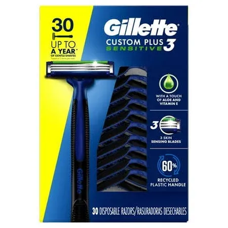 RAZORS GILLETTE CUSTOM PLUS3 DISPOSABLE RAZORS SENSITIVE MENS FACE SHAVER 30 CT