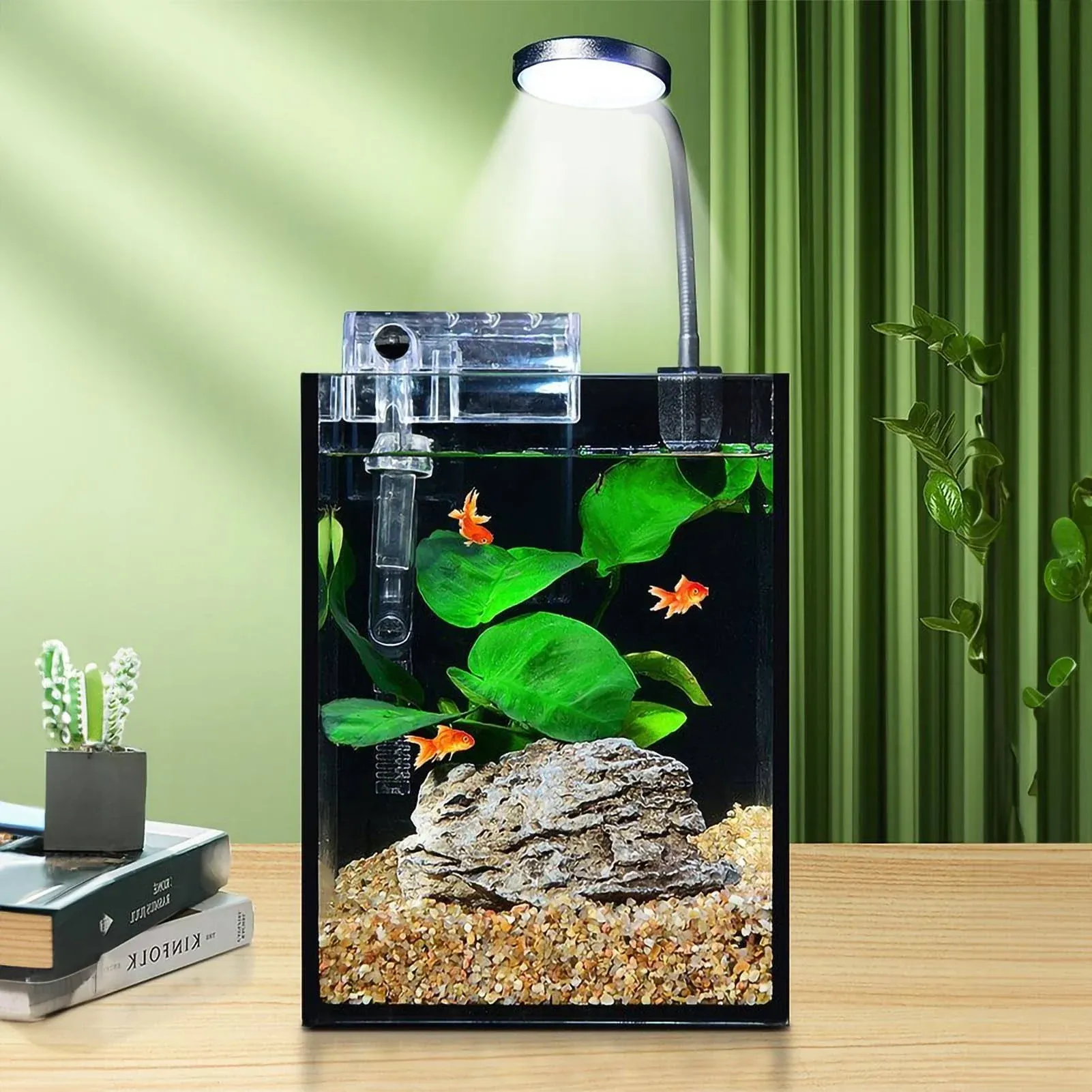 SANOSY 1.2Gallon Fish Tank Kit Desk Aquarium Set Small Low Iron Glass Beginner Fish Bowl with LED Light and Water Pump for Kids Glass Fish Tank with Accessories Self-Cleaning Filter