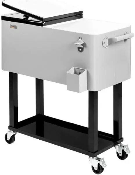 80 qt. Rolling Cart On Wheels, Patio Cooler for Party, Ice Chest with Shelf, Bottle Opener, Water Pipe in Brown