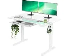 INNOVAR Glass Standing Desk with Drawers, 48×24 Inch Adjustable Stand Up Desk Quick Install Home Office Computer Desk, White