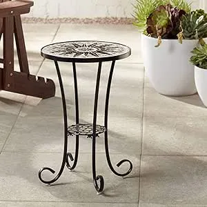 Teal Island Designs Modern Black Round Outdoor Accent Side Table 14  Wide Brown Sunburst Mosaic Tabletop for Front Porch Patio House