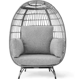 Wicker Egg Chair Oversized Indoor Outdoor Patio Lounger W/ 440Lb Capacity - Gray