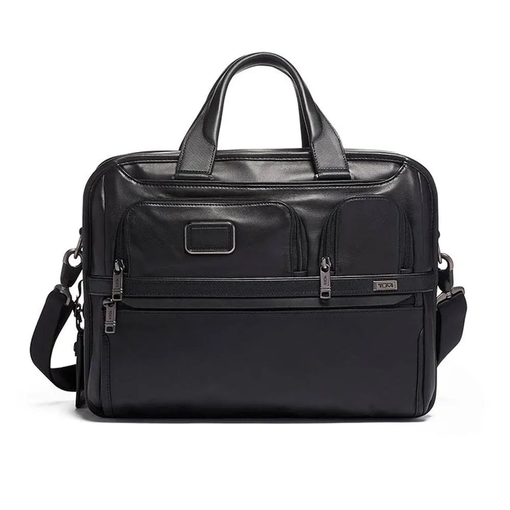 Tumi Alpha 3 Expandable Black Leather Laptop Briefcase