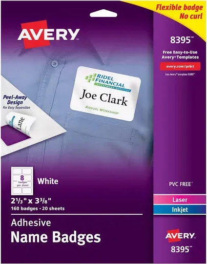 Avery Adhesive Name Badges, 2-1/3" x 3-3/8", 160 Badges (8395)