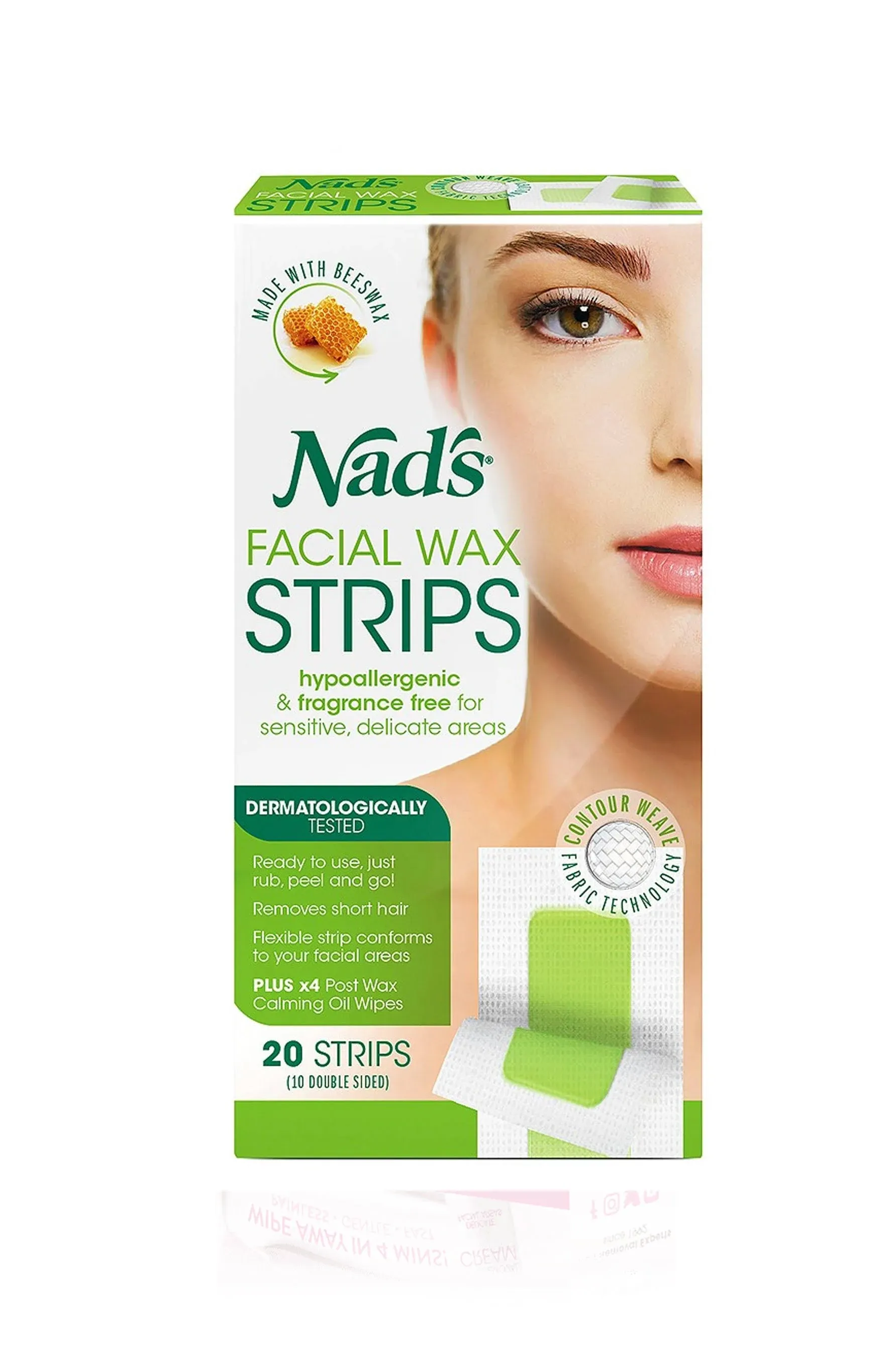 Nad's Facial Wax Strips - Facial Hair Removal For Women, Face Wax Strips, Includes 20 Waxing Strips + 4 Calming Oil Wipes, Hypoallergenic