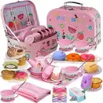 Pre-World Tea Party Set for Little Girls, Princess Tea Time Toy Including Dessert,Cookies,Doughnut,Teapot Tray Cake, Tablecloth