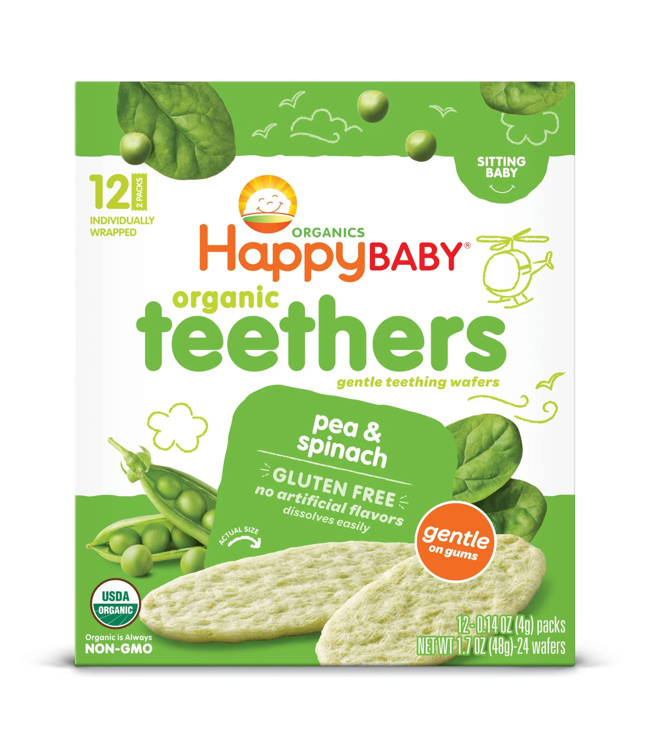 Happy Baby Organics Organic Teethers Gluten Free Gentle Teething Wafers Pea & Spinach