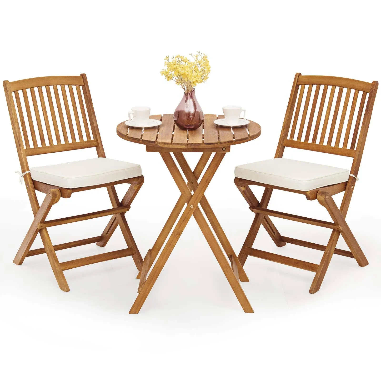 Giantex 3Pcs Patio Bistro Set, Wood Folding Table Set, 2 Cushioned Chairs for Ga