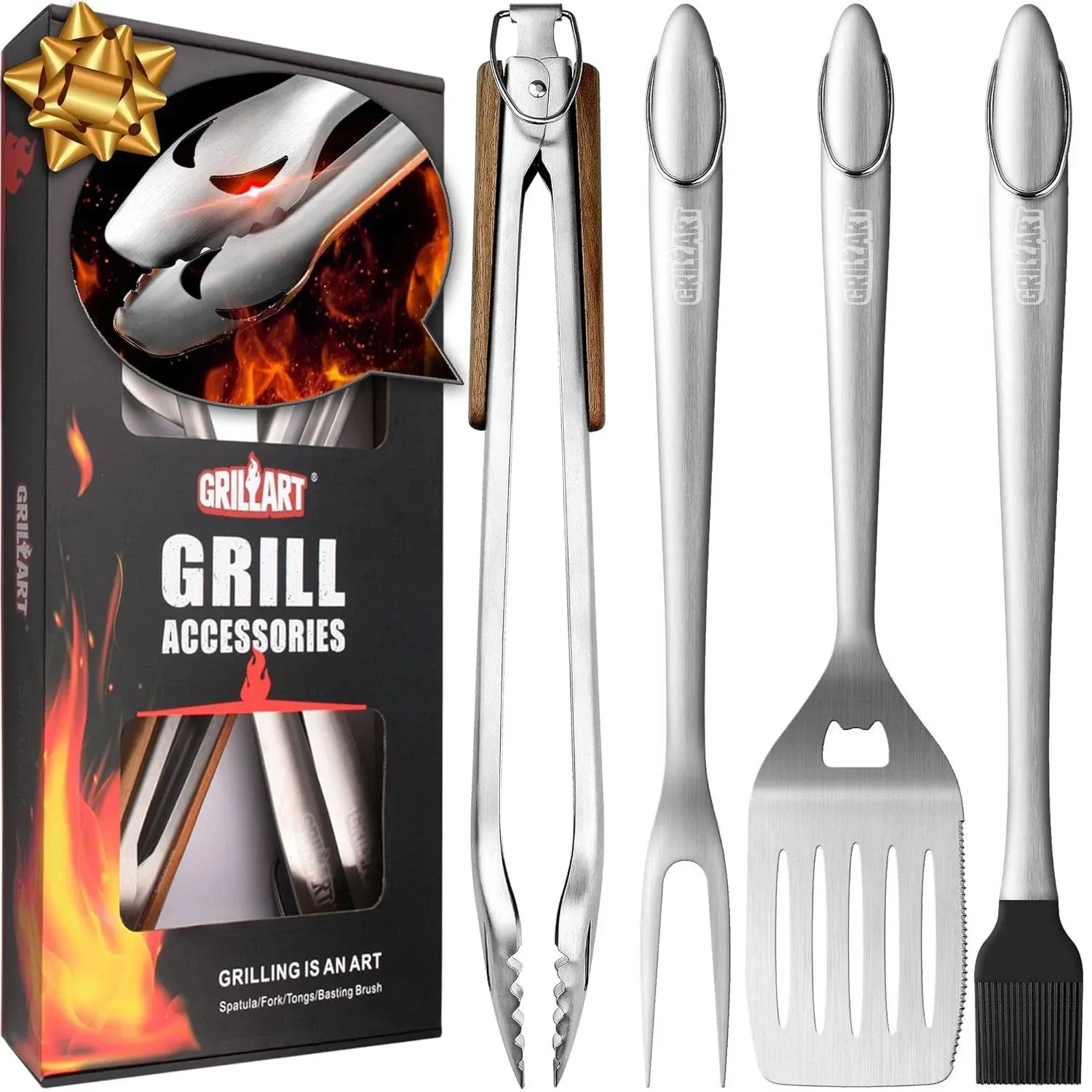 NEW BBQ Tools Grill Tools Set Stainless Steel Tongs Fork Spatula Basting Brush