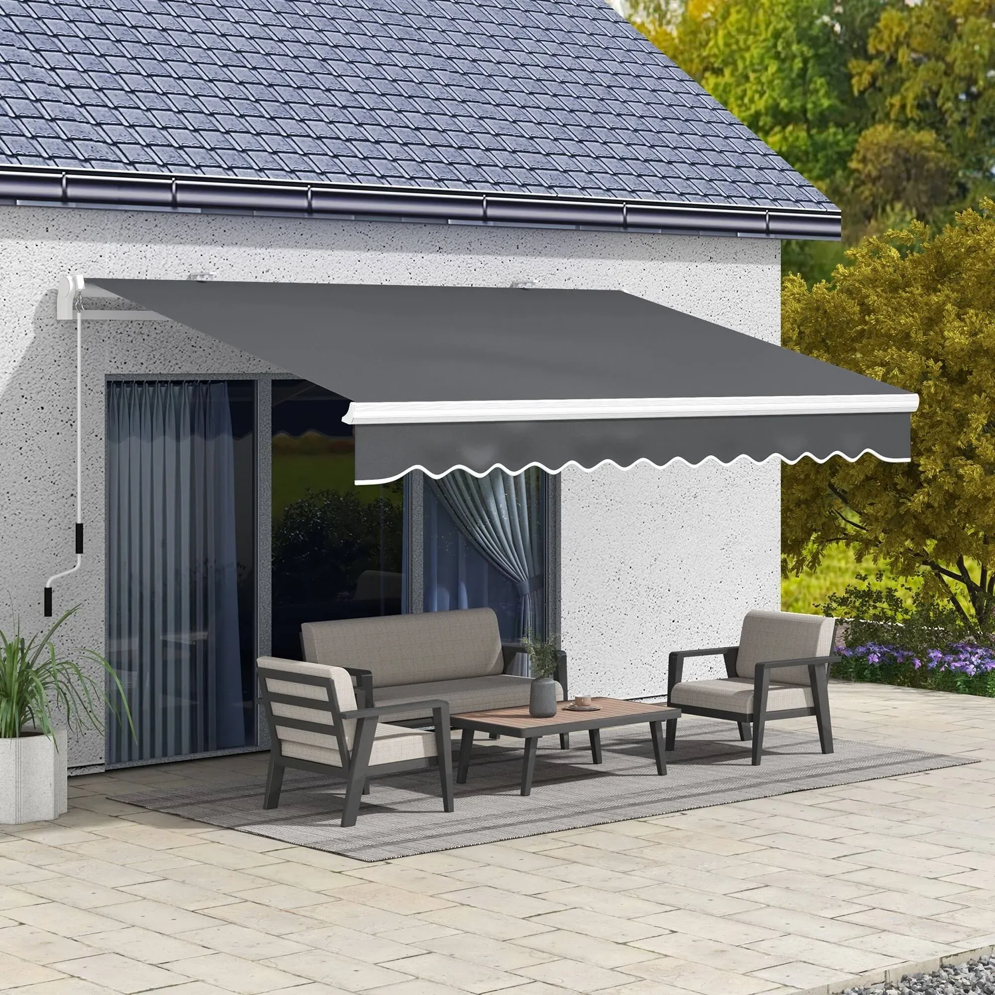 Outsunny 13' x 8' Manual Retractable Awning Sun Shade Shelter for Patio Deck Yard with UV Protection and Easy Crank Opening, Dark Gray