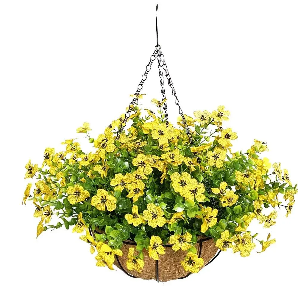 Lesrant Artificial Flowers in Basket,Artificial Hanging Baskets with Flowers for Summer Outdoor Decor Courtyard Decor,12 inch Coconut Lining Basket