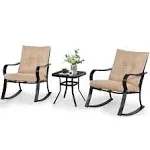 Solaura 3-Piece Outdoor Rocking Chairs Bistro Set Black Iron Patio Furniture Thickened Cushion & Glass-Top Coffee Table