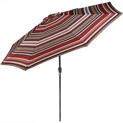 Sunnydaze 9-Foot Patio Umbrella with Push Button Tilt and Crank - Aluminum Pole with Polyester Canopy - Navy Blue Stripe