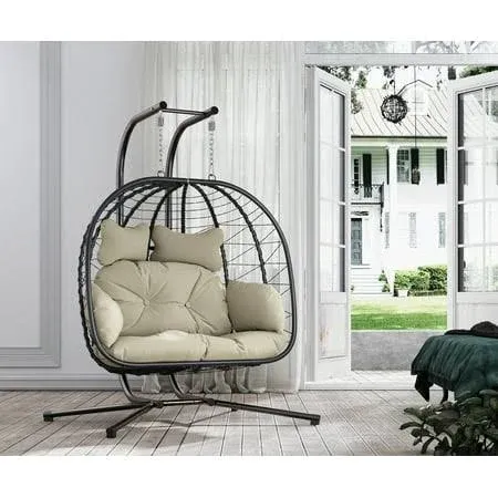 Bifanuo Double Wicker Swing Egg Chair Hammock Foldable Hanging Loveseat with Stand