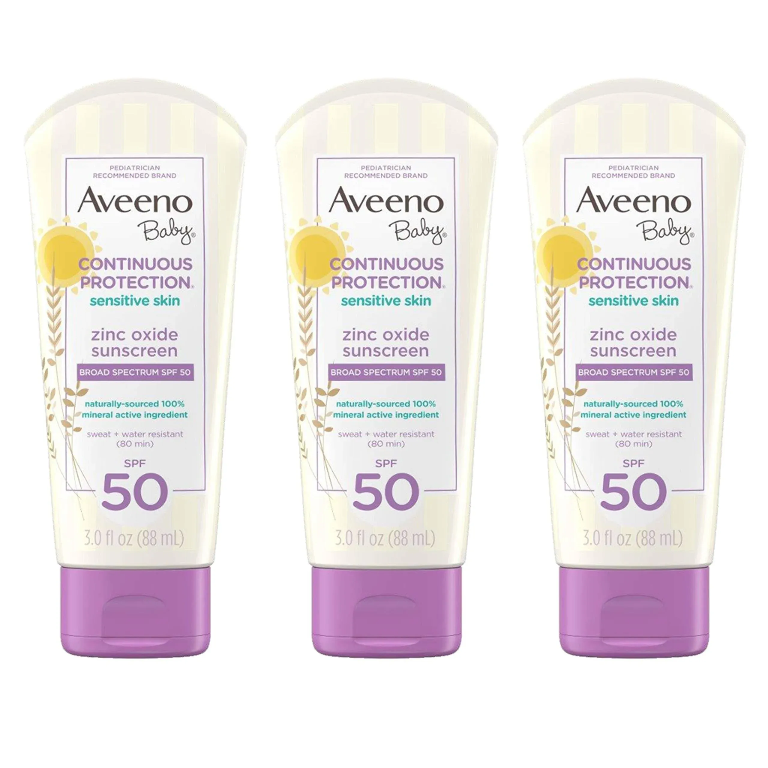 Aveeno Baby Continuous Protection Zinc Oxide Mineral Sunscreen Lotion SPF 50 Unscented White 3 fl. oz (Pack of 3)