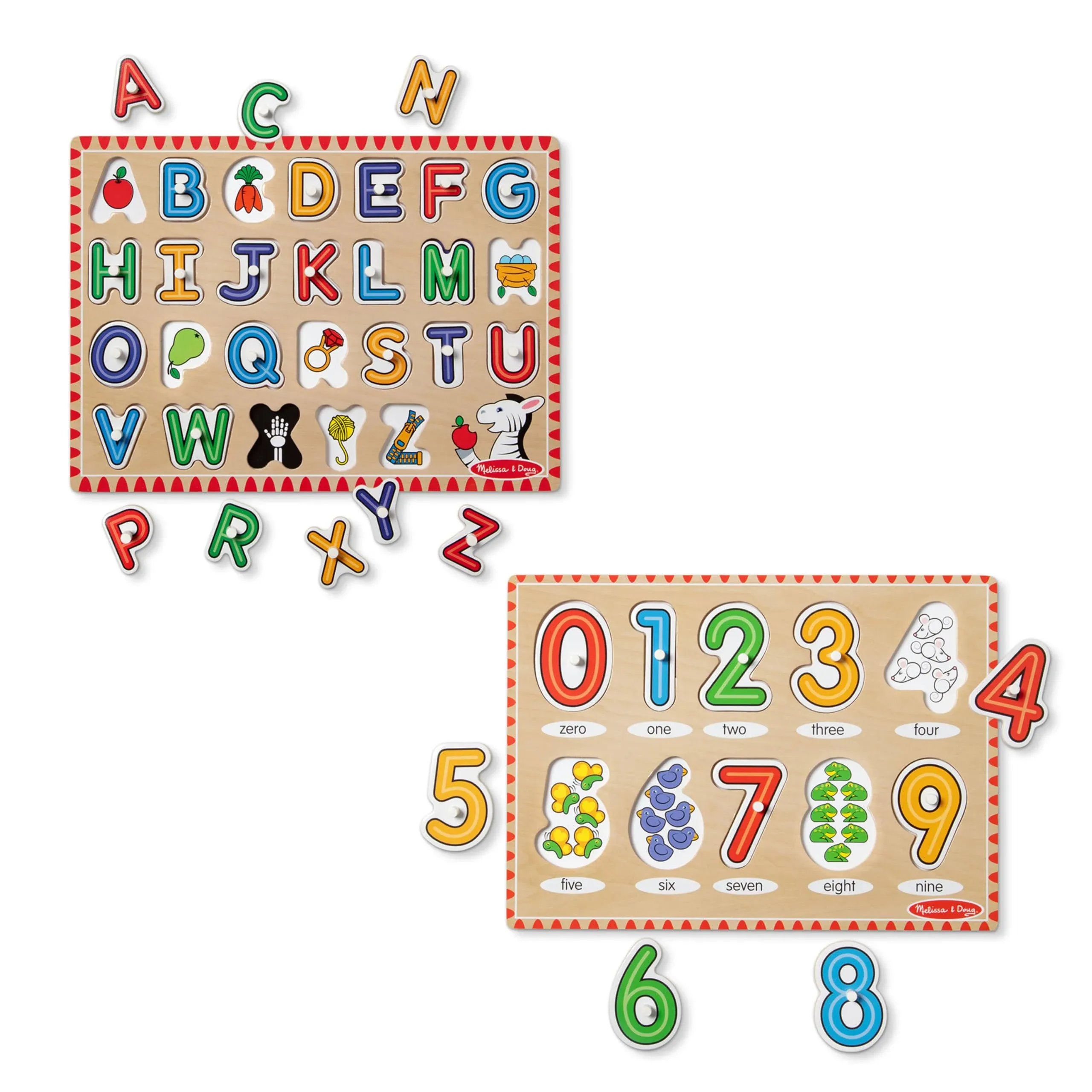 Melissa & Doug Wooden Lift & See Peg Puzzle Early Learning 2 Pack for Girls and Boys – Alphabet, Numbers