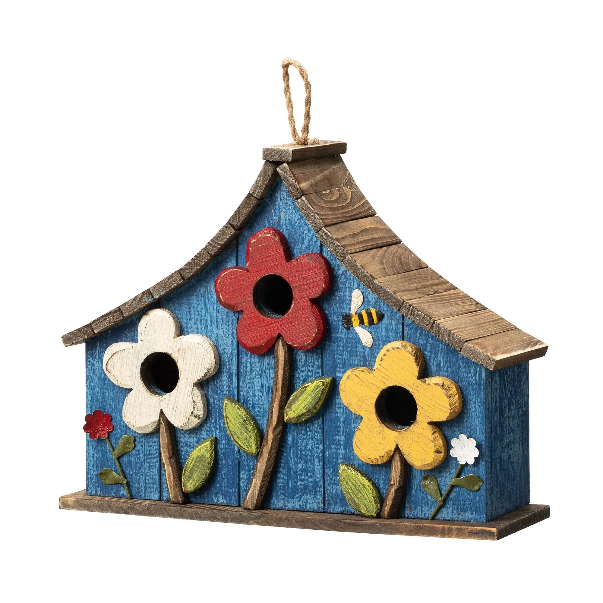 Glitzhome Oversized Washed Distressed Solid Wood Three-Story Villa Decorative Outdoor Garden with 3D Flowers Birdhouse, Blue