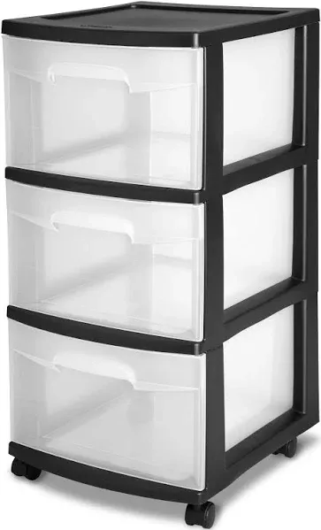 Sterilite Wide 3 Drawer Cart Black