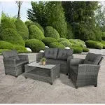 Outsunny 4-Piece Outdoor Patio Rattan Furniture Set with 2 Chairs & Sofa, Onyx, Gray