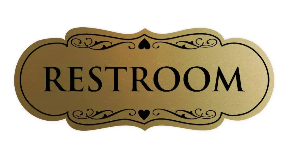 All Quality Designer Restroom Wall or Door Sign - Bathroom Signage | Durable Plastic and Easy Installation | Brushed Gold - Large (1 Pack)