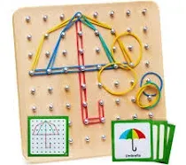 Panda Brothers Wooden Geoboard Montessori Toys for 3 4 5 Year Old Kids and Toddlers, Educational Toy with 30 Pattern Cards and 40 Rubber Bands to