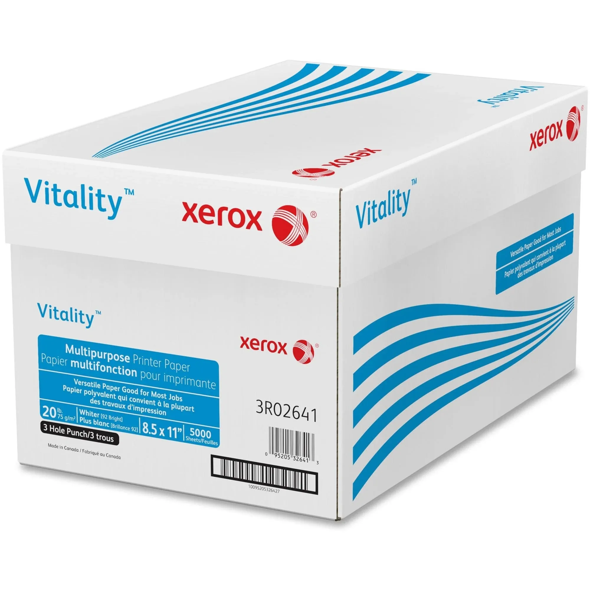 Vitality 3-Hole Punched Inkjet Print Copy & Multipurpose Paper - 10 / CT - 92 Brightness - 90% Opacity - Letter - 8 1/2 x 11 - 20 lb Basis Weight - 5000 / Carton