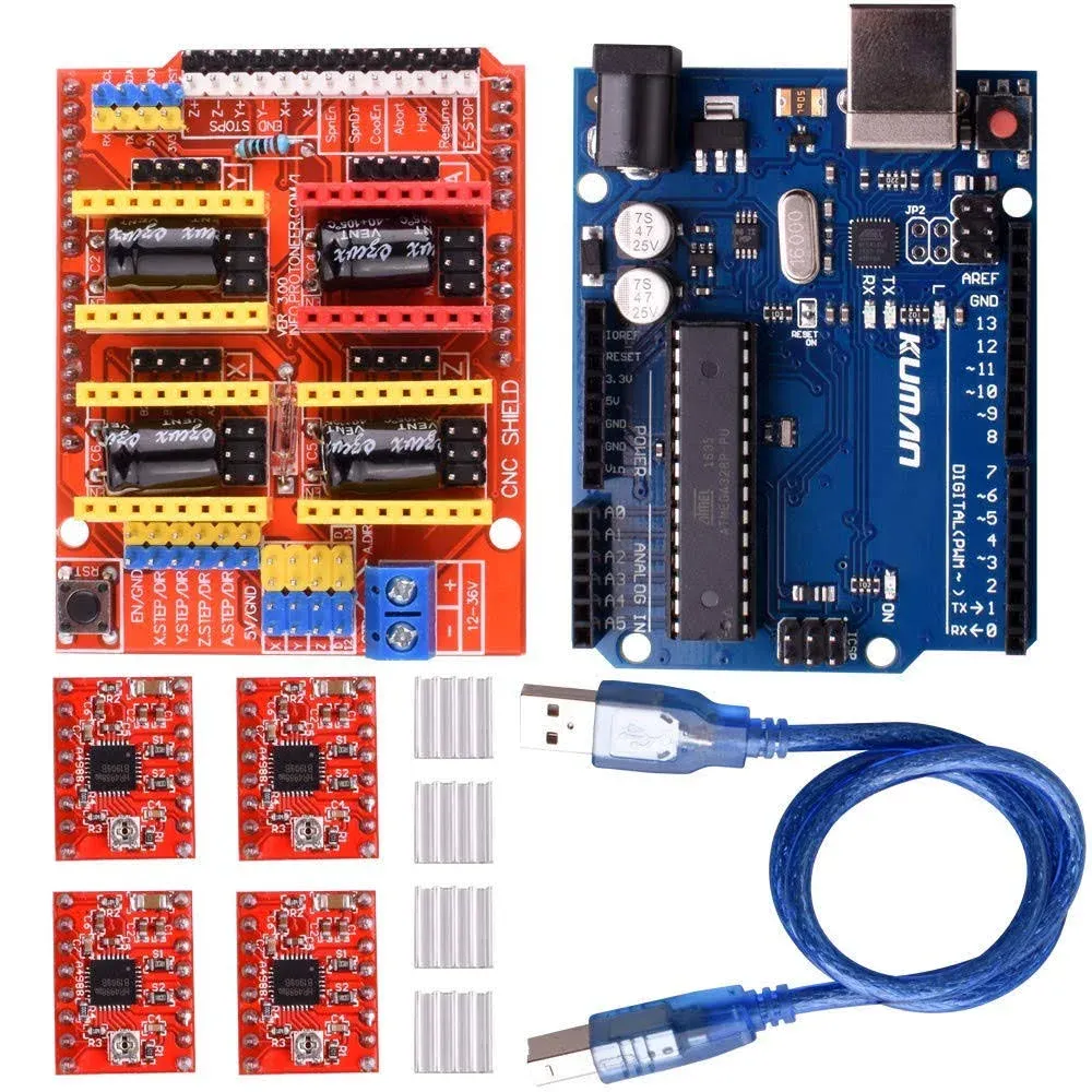 kuman CNC Shield Expansion Board V3.0 +UNO R3 Board + A4988 Stepper Motor Driver with Heatsink for Arduino Kits K75 (CNC Shield+UNO R3+Stepper Motor) (K75-CNC-UK), Red Blue