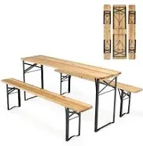 3 PCS Wooden Picnic Bench Table Set Dining Garden Foldable Metal Frame Furniture