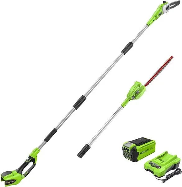 Greenworks 40V 8-inch Cordless Pole Saw with Hedge Trimmer Attachment 20Ah Battery and Charger Included